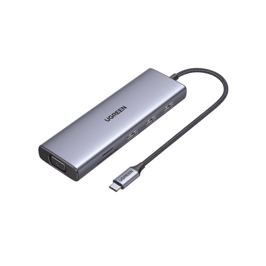 15600 HUB USB-C (Docking Station) 9 en 1 | 3 USB-A 3.0 | USB-C PD Carga 100W | HDMI 4K@30Hz | RJ45 (Gigabit Ethernet) | VGA | Lector Tarjetas SD + Micro SD (TF) Uso Simultáneo | Chip de Última Generación | Caja de Aluminio.