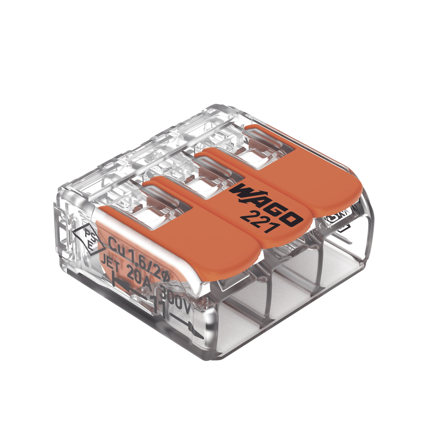 221-413 - Borne de Conexión con Palancas / 3 Conductores / Carcasa Transparente / Tecnología CAGE CLAMP® / 4 mm² (12 AWG) / 450V 32A / T85