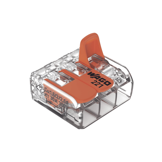 221-613 - Borna de Conexión con Palancas / 3 Conductores / CAGE CLAMP® / 6 mm² (10 AWG) Máximo / 32A 450V / Transparente / Palancas Naranja / TB85