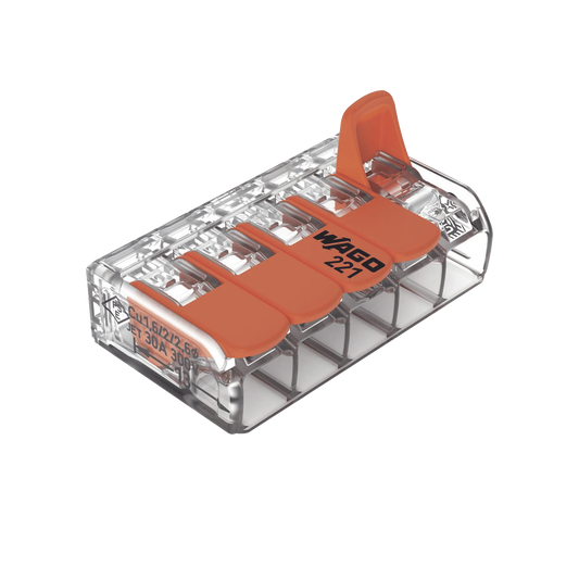 221-615 - Conector Eléctrico / Borna de Conexión con Palancas / 5 Puntos / 6 mm² Máximo / 30A 450V / Transparente / CAGE CLAMP® / UL-ENEC-CB
