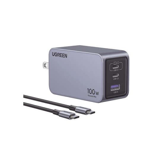 25873 - Cargador de 100W serie Nexode Pro | 3 Puertos de Carga Rápida | 2 USB-C | 1 USB-A | Tecnología GaNInfinity | PD3.1 de 100W / QC4.0 | Tecnología de Protección Térmica | Optimiza la Carga | Caja de Aluminio | Incluye Cable