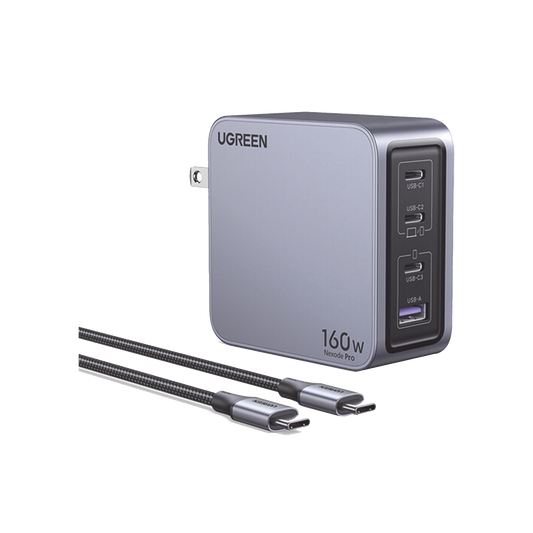 25876 Cargador de 160W serie Nexode Pro | 4 Puertos de Carga Rápida | 3 USB-C | 1 USB-A | Tecnología GaNInfinity | PD3.1 de 140W / QC4.0 | Tecnología de Protección Térmica | Optimiza la Carga | Caja de Aluminio | Incluye Cable