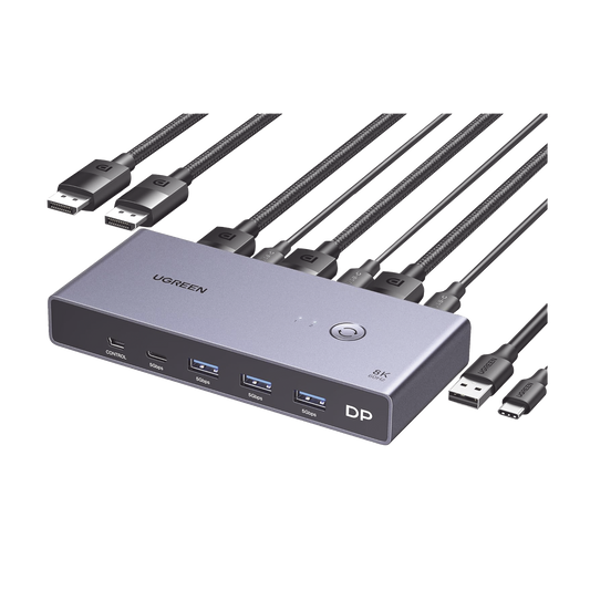 25962 Conmutador KVM DisplayPort 8K | DP 1.4 | 2 Entradas 1 Salida | 4 Puertos USB 3.0 (3 USBA *1 USBC) | Soporta 8K@60Hz | HDR | Control de Escritorio | Carcasa de Aluminio | Indicador Led | Compatible Win, MacOs y Linux.