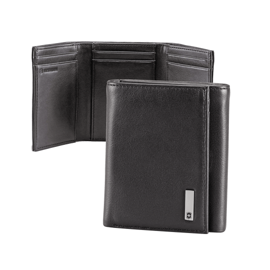 3016-3501 - Cartera Athens Negra de Piel con Compartimento de Micromalla para ID. Doblable en 3 Partes con Divisor de Billetes. Pocket Wallet