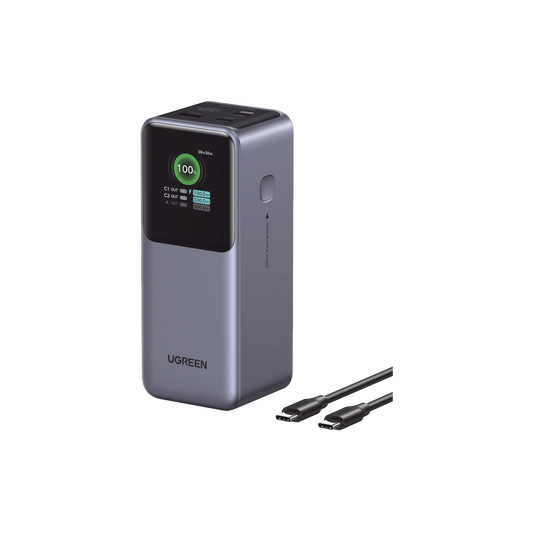35524B - Power Bank de 20000mAh | 3 Salidas 130W Max. | USB-A + 2 USB-C | PD 3.0 | QC3.0 | FCP | SCP | Pantalla Inteligente | Carcasa Ignifuga | Color Gris | Incluye Cable USB de 50cm | Carga tu Laptop de Manera Segura.