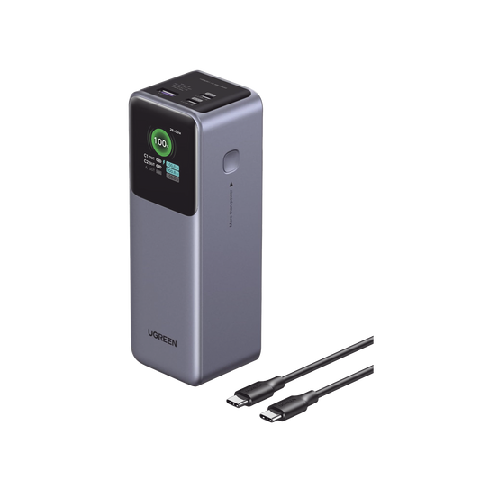 35525B - Power Bank de 25000mAh | 3 Salidas 200W Max. | USB-A + 2 USB-C | PD 3.0, QC3.0 | FCP | SCP | Pantalla Inteligente | Carcasa Ignifuga | Color Gris | Incluye Cable USB de 50cm | Carga tu Laptop de Manera Segura.