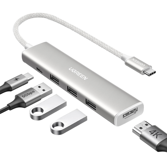 35580 HUB USB-C (Docking Revodok) 5 en 1 | HDMI 2.0 4K@30Hz | 3 USB-A 3.0 (5Gbps) | USB-C PD Carga 100W | Chip de Última Generación | Cable de Nylon Trenzado de 25 cm | Carcasa de Aluminio | Color Blanco.