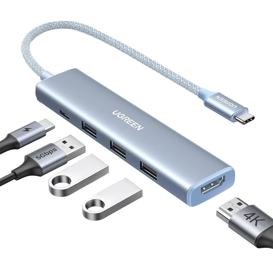 35581 HUB USB-C (Docking Revodok) 5 en 1 | HDMI 2.0 4K@30Hz | 3 USB-A 3.0 (5Gbps) | USB-C PD Carga 100W | Chip de Última Generación | Cable de Nylon Trenzado de 25 cm | Carcasa de Aluminio | Color Azul.