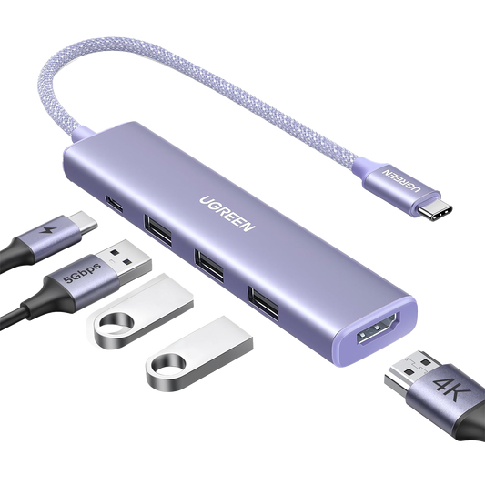 35582 HUB USB-C (Docking Revodok) 5 en 1 | HDMI 2.0 4K@30Hz | 3 USB-A 3.0 (5Gbps) | USB-C PD Carga 100W | Chip de Última Generación | Cable de Nylon Trenzado de 25 cm | Carcasa de Aluminio | Color Morado.