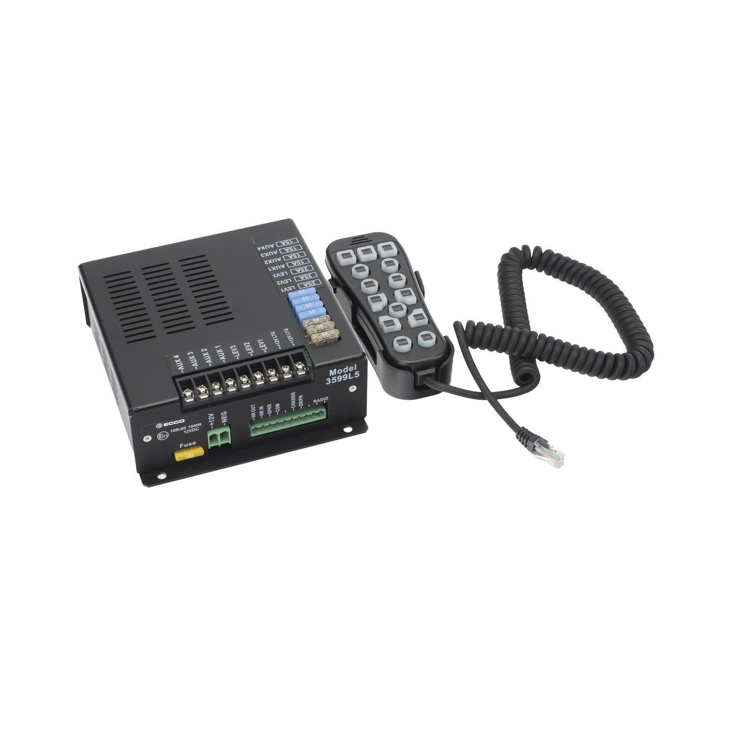 3599L5 - Sirena Vehicular H2 Covert ™ de 200W de Potencia, Con Controlador Unimando de 14 Botones Para Control de Tonos, 7 Salidas Auxiliares y Micrófono