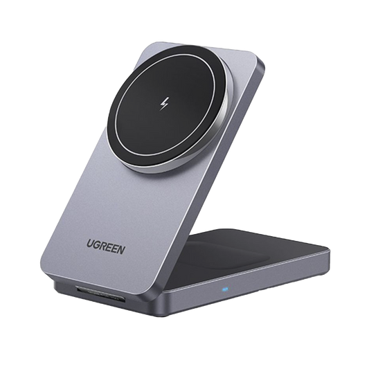 45056 - Cargador Inalámbrico 2 en 1 20W / Tecnología Qi2 15W Certificada / Carga Simultánea iPhone y AirPods / Ángulo Ajustable 70° / Diseño Plegable y Portátil / Compatibilidad Universal