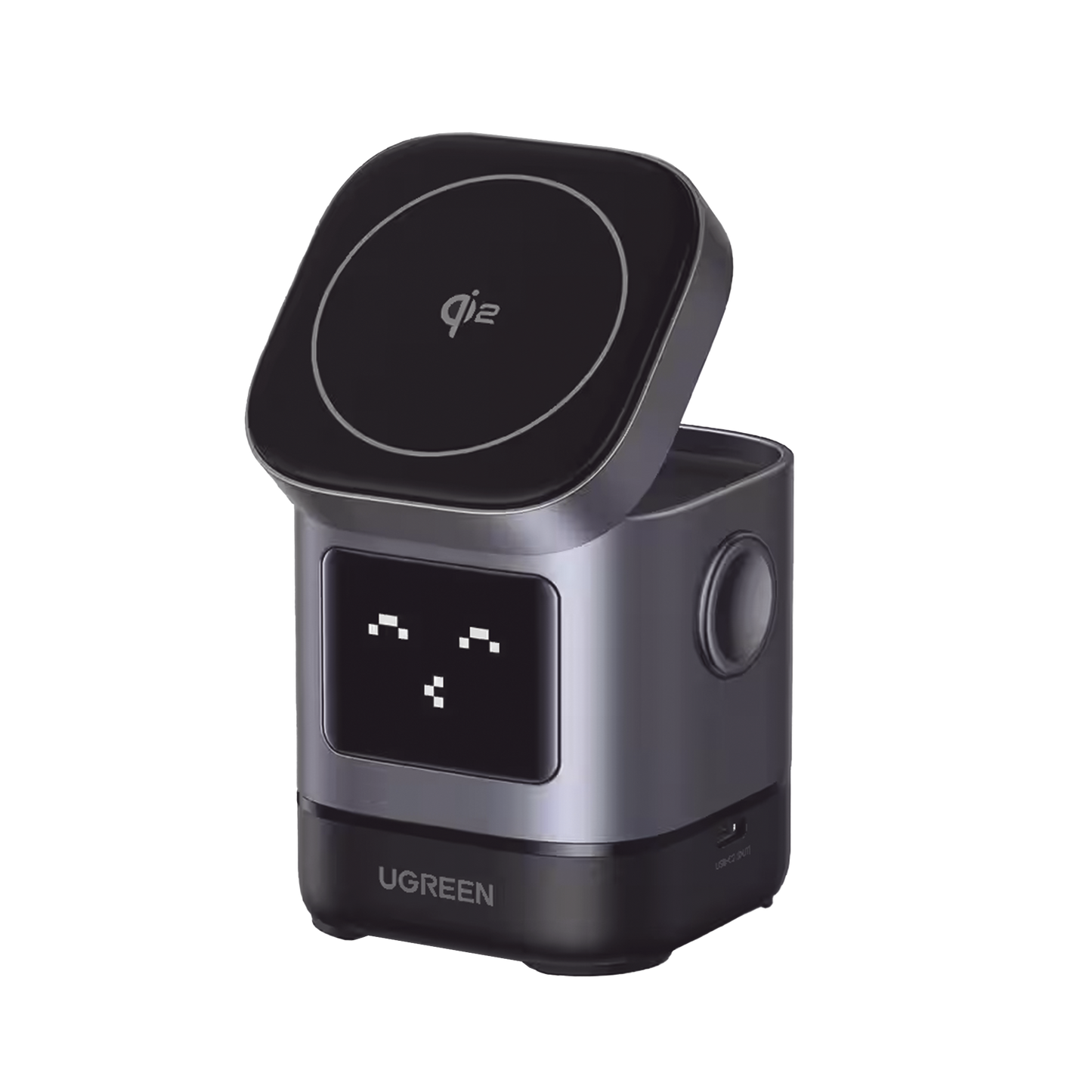 45775 - Cargador Inalámbrico Robot 2 en 1 UGREEN Qi2 / 15W Ultra Rápido para iPhone / 5W para AirPods / Pantalla Inteligente con Expresiones / Imanes N48H / Puerto USB-C 5W para Apple Watch / Compatibilidad MPP