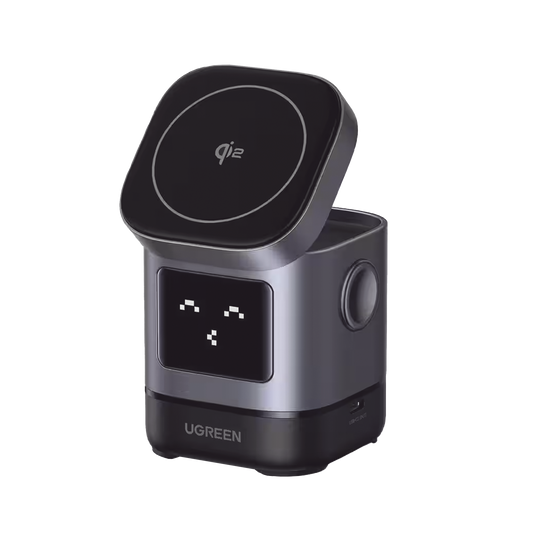 45775 - Cargador Inalámbrico Robot 2 en 1 UGREEN Qi2 / 15W Ultra Rápido para iPhone / 5W para AirPods / Pantalla Inteligente con Expresiones / Imanes N48H / Puerto USB-C 5W para Apple Watch / Compatibilidad MPP