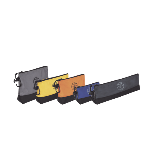 55569 - KIT 5 Bolsos Ultra Resistentes para Herramientas con Base y cierre Zipper, Colores: gris claro, amarillo, naranja, azul, gris oscuro. Todos con Mosquetones de Aluminio.