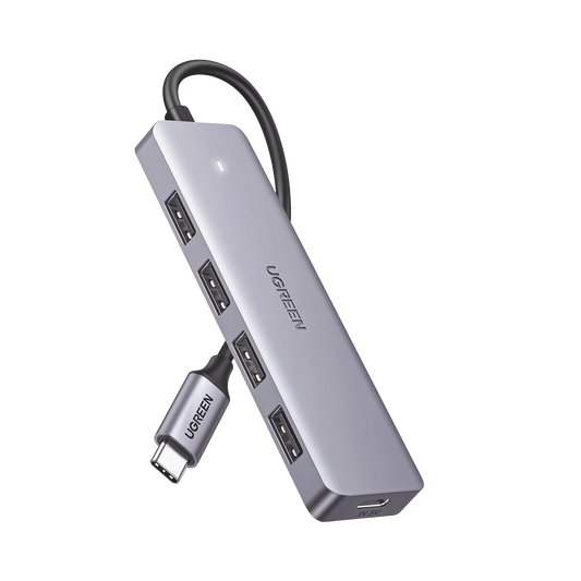 70336 - HUB USB-C 3.0 4 EN 1 | 4 Puertos USB-A (5Gbps) | Carcasa ABS + PC | Soporta OTG | Luz Indicadora LED | Compatible con iPhone 15 Pro MAX) | Interfaz Niquelada | Color Gris Metalizado | Cable de 15cm.