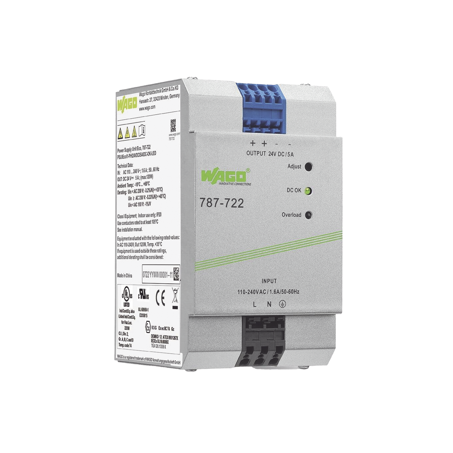 787-722 - Fuente de Alimentación / 24V DC / 5A / 120W / PFC Activo / Montaje Carril DIN / IP20 / Conectores CAGE CLAMP® 4 mm²
