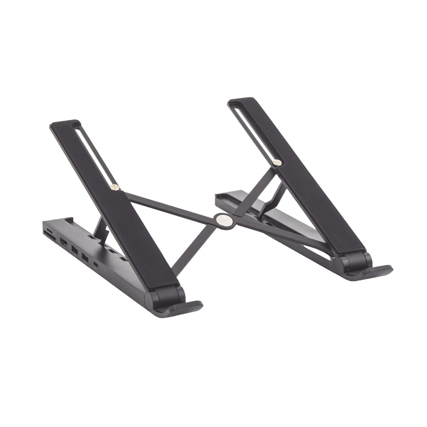 HUB (Docking Station) 5 en 1 con Soporte para Laptop | 2 USB 3.0 a 5Gbps | HDMI 4K@30Hz | Memoria Micro SD (TF) + SD | Amplia Compatibilidad de 10-15 | Ajuste de Altura | Aluminio | PC+ABS | Silicona | Color Negro.