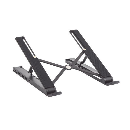 HUB (Docking Station) 5 en 1 con Soporte para Laptop | 2 USB 3.0 a 5Gbps | HDMI 4K@30Hz | Memoria Micro SD (TF) + SD | Amplia Compatibilidad de 10-15 | Ajuste de Altura | Aluminio | PC+ABS | Silicona | Color Negro.