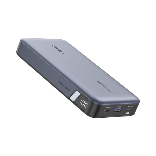 90597A Power Bank de 25000mAh | 3 Salidas 145W Max. | USB-A + 2 USB-C | PD 3.0, QC3.0 | FCP | SCP | Pantalla Inteligente | Carcasa Ignifuga | Color Gris | Incluye Cable USB de 50cm | Carga tu Laptop de Manera Segura.