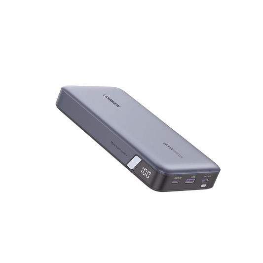 90597M - Power Bank de 25000mAh | 3 Salidas 145W Max. | USB-A + 2 USB-C | PD 3.0, QC3.0 | FCP | SCP | Pantalla Inteligente | Carcasa Ignifuga | Color Gris | Incluye Cable USB de 50cm | Carga tu Laptop de Manera Segura.