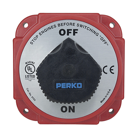 9703DP - Interruptor Desconexión Batería 9703 con Desconexión Campo Alternador, 480 Amperios Continuos, 1200 Amperios Intermitentes, 6-32 VDC, Terminales 1/2 Pulgada, Montaje Marino