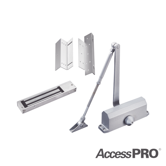 ACCESSKIT600N Kit para control de acceso incluye Chapa magnética de 600Lbs / Montajes L y Z / Cierra puerta para 45-65Kg.