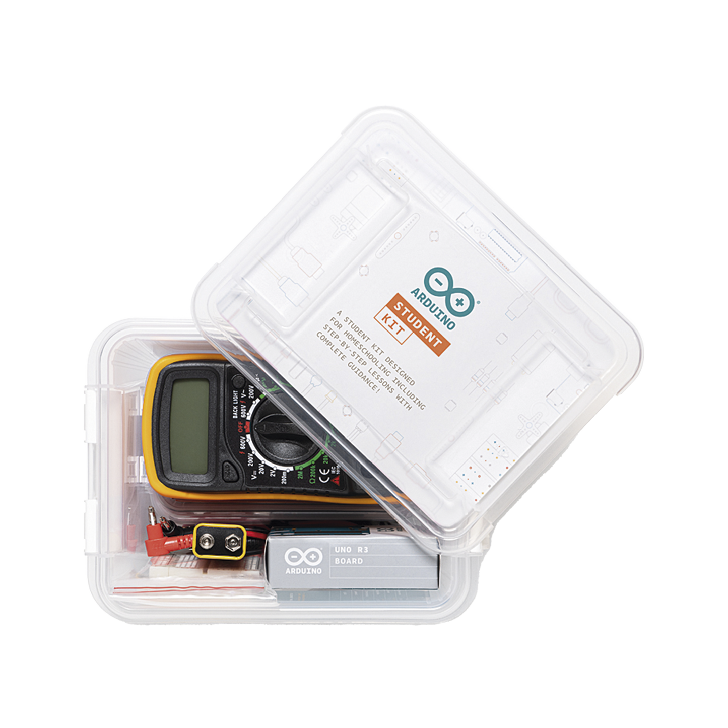 AKX-00025 Arduino Student Kit,,Es un completo recurso multilenguaje de aprendizaje diseñado para enseñar los fundamentos de electrónica y programación a estudiantes de 11 años en adelante, sin necesidad de experiencia previa
