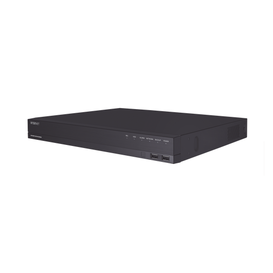 ARN-1610S NVR 16 canales grabacion hasta 8MP / H.265 / P2P Wisenet / 16 puertos PoE Plug and Play / 80 Mbps para grabacion.