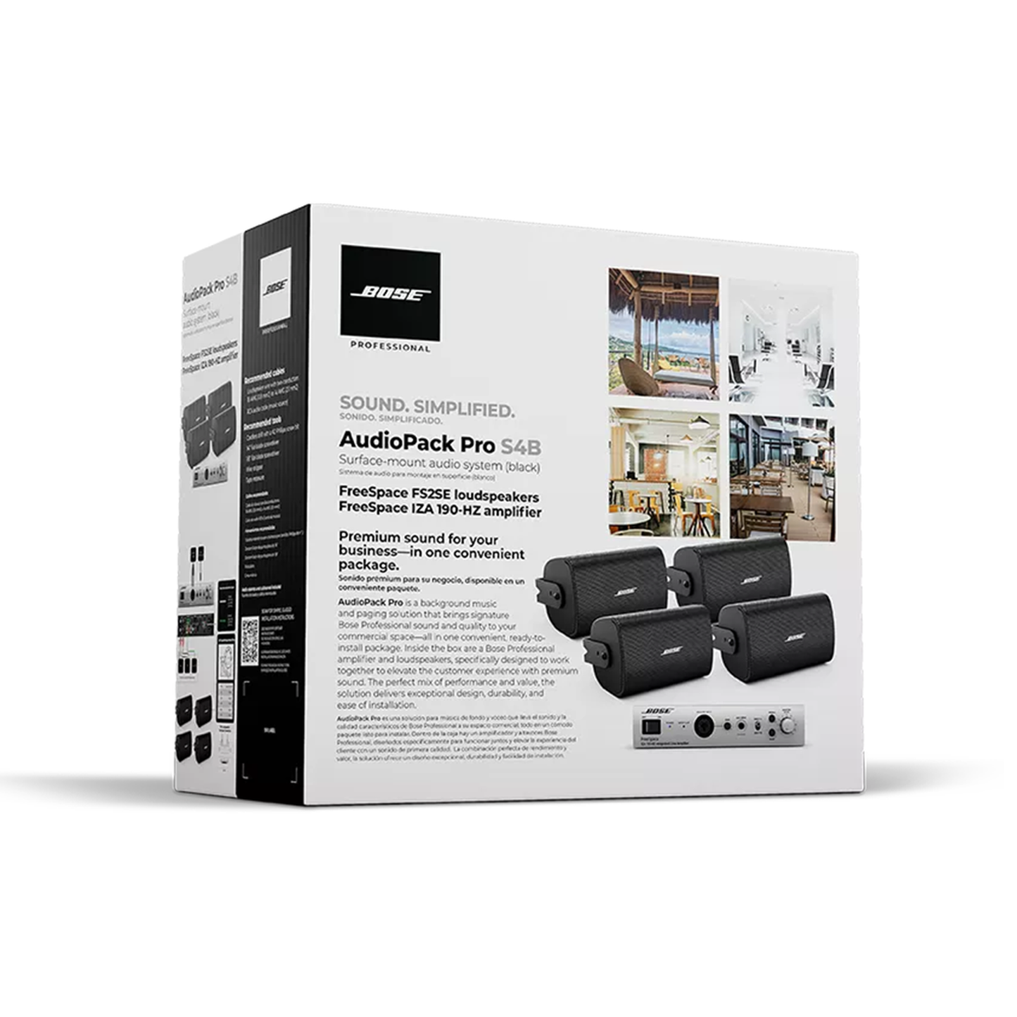 AUDIO-PACK-PRO-S4 - Kit de Audio Freespace | 4 Altavoces de Pared + Amplificador | Color Negro | Ideal para Audio Ambiental
