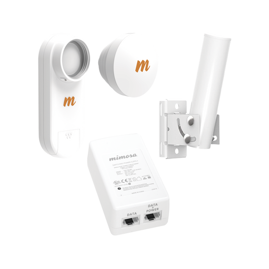 C5X-N16-PACK Kit de radios C5X, rango de frecuencia extendida (4.9 a 6.4 GHz),  incluye inyector POE, montaje universal para tubo o poste Y una antena de 16 dBi