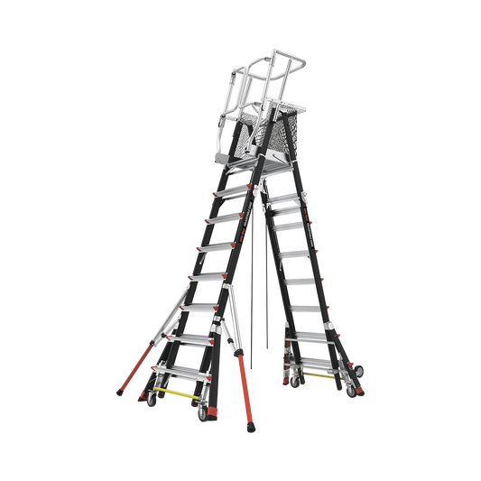 CAGE8FTR Escalera de Fibra de Vidrio  con Jaula de 8-14 (2.44 - 4.27 m). Con Ajuste en Ruedas (RATCHET? Leveler) (SKU:18515-817).