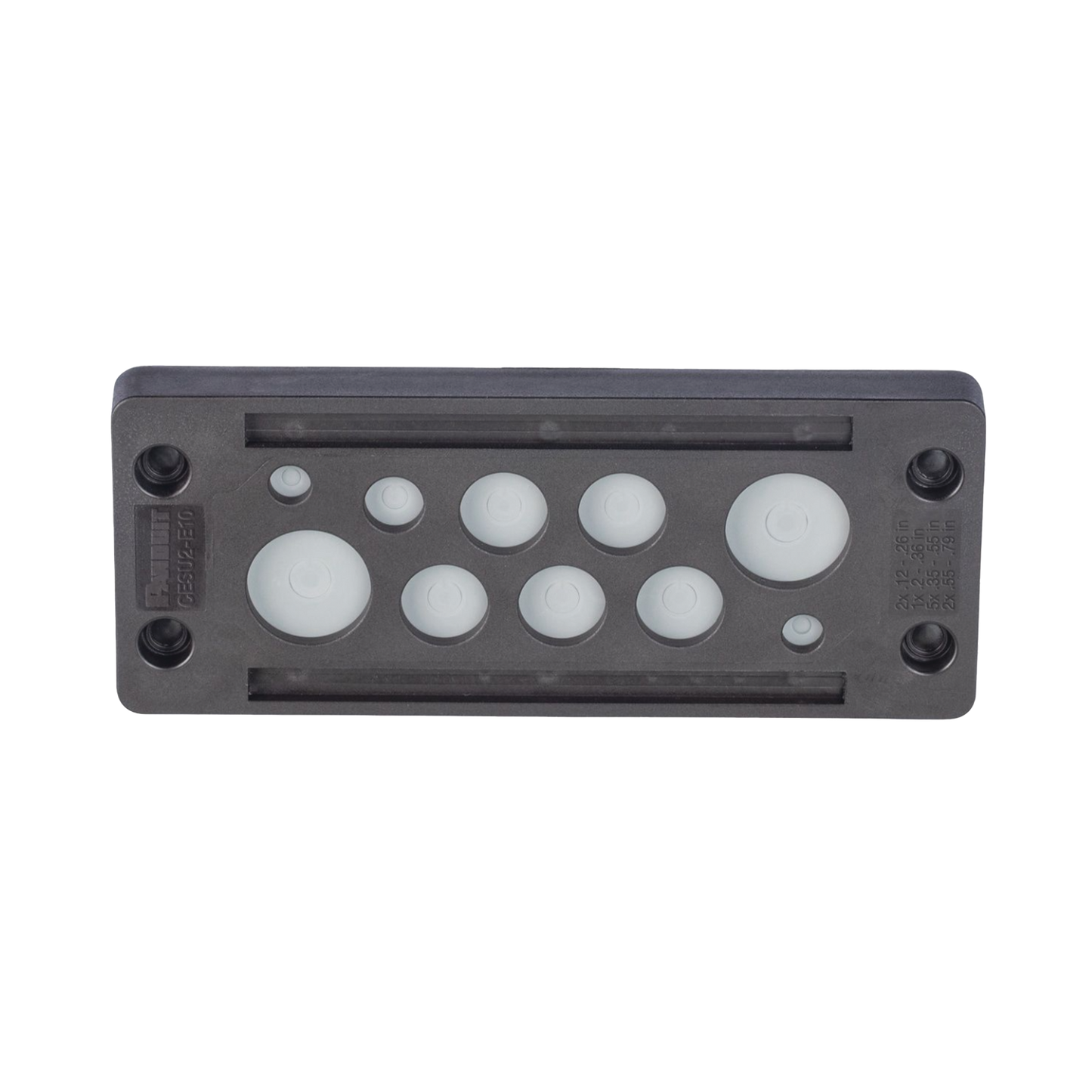 CESU2-E10 - Pasacable de 10 Orificios de Marco Rectangular, IP65, 4.41" X 1.42", para Cables no Terminados, Color Negro.