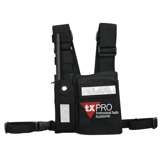 CPP-TXP - Pechera Universal con soporte para radio, sostén de bolígrafo y seguridad para la bolsa con cinta adherente. Logo TX-PRO.