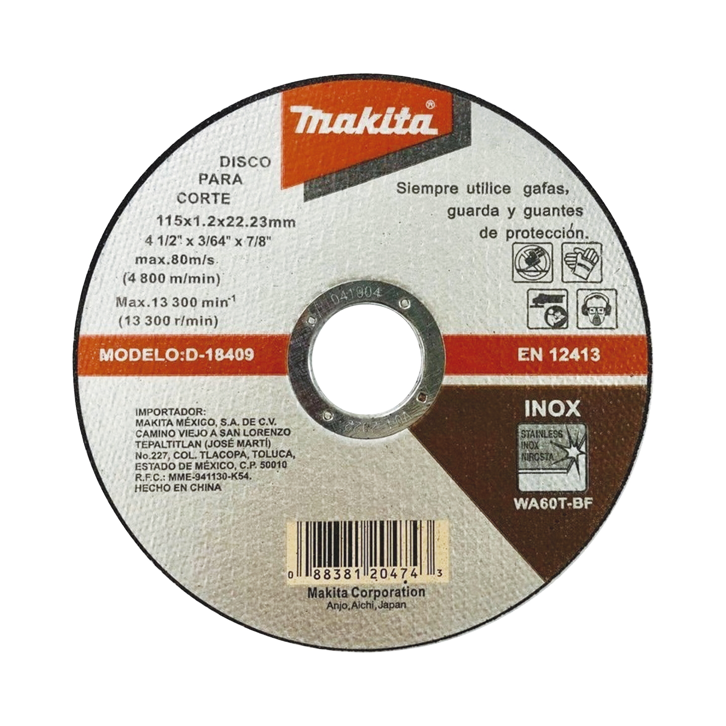 D18409 - Disco de Corte de 7/8" de acero inoxidable, diámetro de 4-1/2"