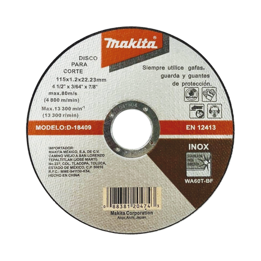 D18409 - Disco de Corte de 7/8" de acero inoxidable, diámetro de 4-1/2"