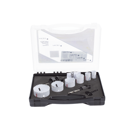 D-21870 Kit de broca sierras (3/4 - 2 1/4 in) incluye 6 piezas de broca sierras, 2 adaptadores y resorte de expulsión.