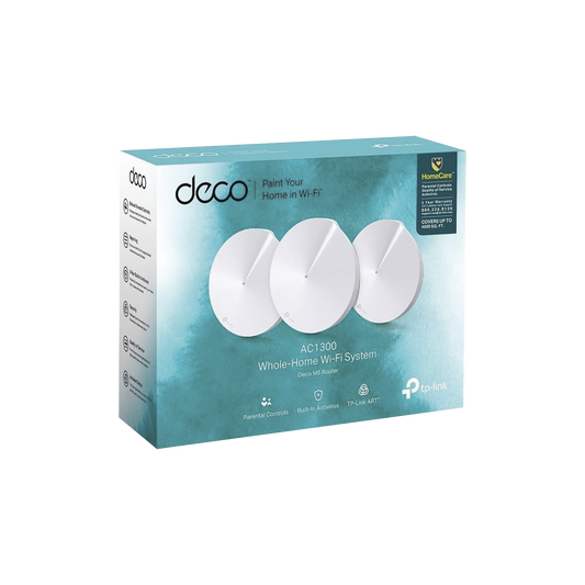 DECOM5-3PACK Kit 3 Routers Inalámbricos MESH Interior para Hogar / Doble Banda Wi-Fi 5 AC1300 Mbps / 2 Puerto Gigabit WAN/LAN / 4 Antenas Internas / Administración Mediante la App Deco (iOS, Android) / Protección HomeCare
