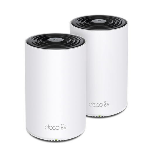 DECOXE75-2PACK - Kit 2 Routers Inalámbricos MESH Interior para Hogar / Doble Banda Wi-Fi 6E AX5400 Mbps / 3 Puerto Gigabit WAN/LAN / 4 Antenas Internas / Administración Mediante la App Deco (iOS, Android) / Protección HomeShield