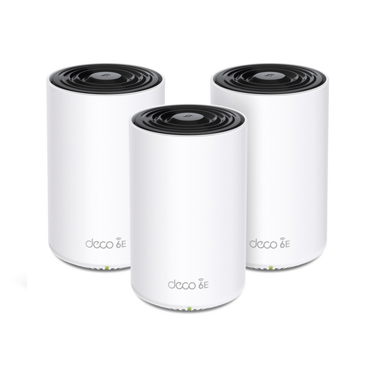 DECOXE75-3PACK - Kit 3 Routers Inalámbricos MESH Interior para Hogar / Doble Banda Wi-Fi 6E AX5400 Mbps / 3 Puerto Gigabit WAN/LAN / 4 Antenas Internas / Administración Mediante la App Deco (iOS, Android) / Protección HomeShield