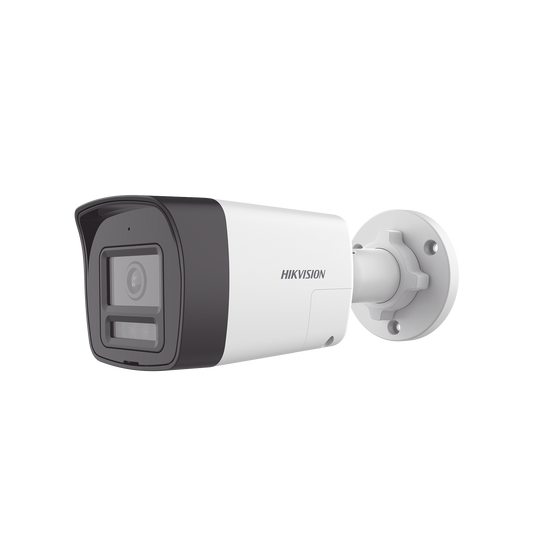 DS-2CE16D0T-LTS [Audio Bidireccional + Dual Light + ColorVu] Bala TURBOHD 2 Megapixel (1080p) / Lente 2.8 mm / 30 mts IR EXIR + 20 mts Luz Blanca / Micrófono y Bocina Integrado / Exterior IP67 / Metal / dWDR