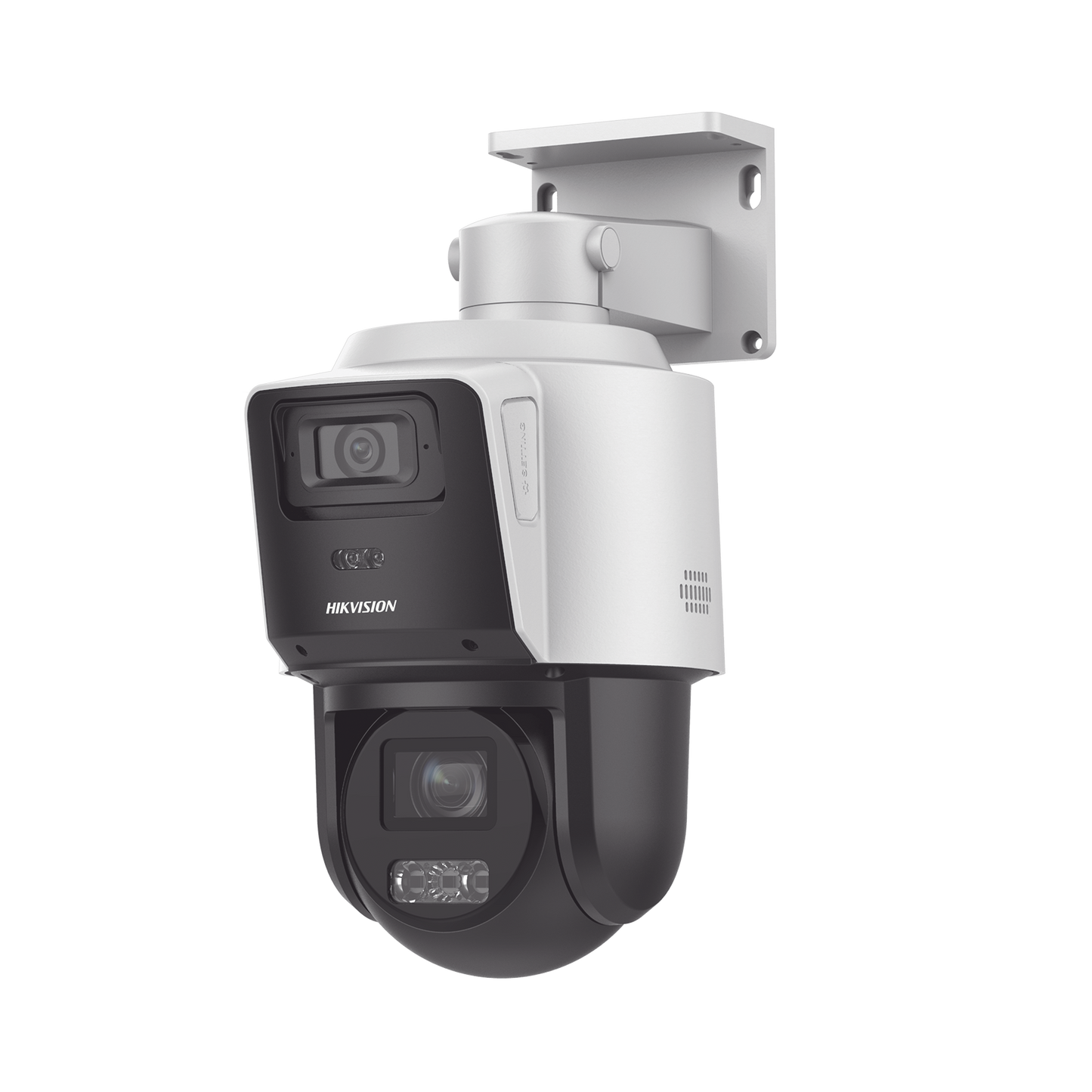DS-2SE3C404MWG-E/14 [TandemVu] PTZ IP 4 Megapixel con Cámara Panoramica 4 Megapixel / 4X Zoom / Dual Light (40 mts IR + 30 mts Luz Blanca) / ACUSENSE / IP66  / PoE+ / DARKFIGHTER / Micro SD / Incluye Base para Techo o Pared