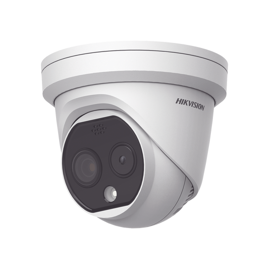 DS-2TD1217-2/QA Turret IP Dual / Térmica 1.8 mm (160 x 120) / Óptico 2 mm (4 Megapixel) / Detección de Personas 53 mts / 15 mts IR / Exterior IP67 / PoE / Termométrica / Detección de Temperatura / Sirena y Luz / Micro SD 32 GB Incluida