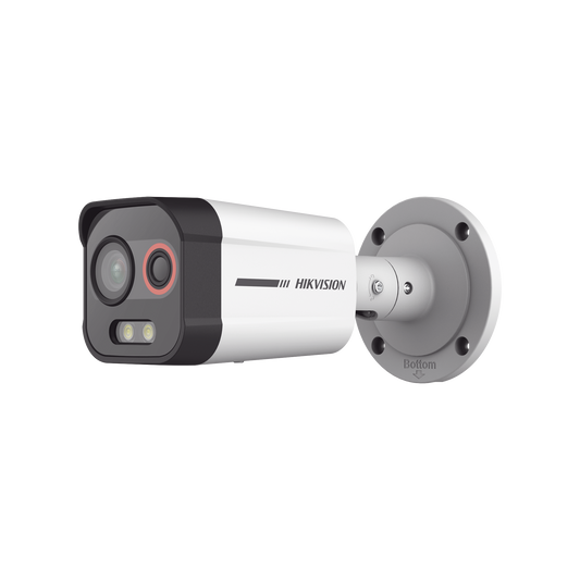 DS-2TD2608-1/QA/FP Bala IP Dual / Térmica 1.3 mm (96 x 72) / Óptico 4 mm (4 Megapixel) / Detección de Excepciones de Temperatura 30 mts /30 mts Luz Blanca / Exterior IP67 / PoE / Sirena y Luz Intermitente Integrada / Micro SD / ColorVu y ACUSENSE