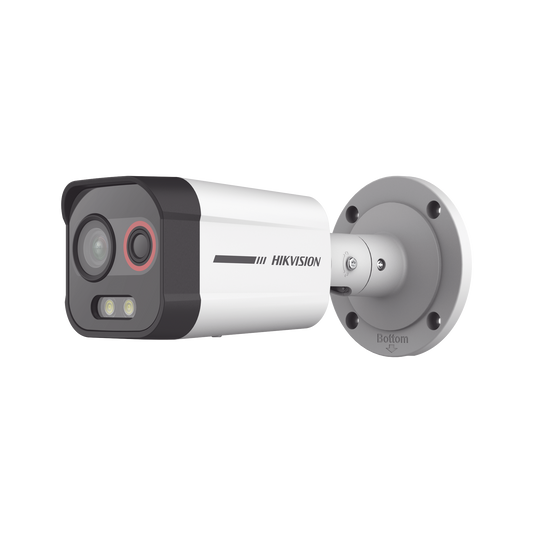 DS-2TD2608-2/QA Bala IP Dual / Térmica 2.6 mm (96 x 72) / Óptico 6 mm (4 Megapixel) / Detección de Intrusión por VCA 30 mts /30 mts Luz Blanca / Exterior IP67 / PoE / Sirena y Luz Intermitente Integrada / Micro SD / ColorVu y ACUSENSE