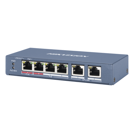 DS-3E0106HP-E Switch PoE+ / No Administrable / 3 Puertos 10/100 Mbps 802.3 af/at (30 W) + 1 Puerto 10/100 Mbps Hi-PoE (60 W) / 2 Puertos 10/100 Mbps Uplink / 300 Metros PoE Larga Distancia / 60 W