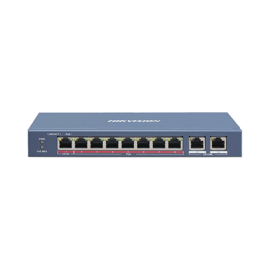 DS-3E0310HP-E Switch PoE+ / No Administrable / 6 Puertos 10/100 Mbps 802.3 af/at (30 W) / 1 Puerto 10/100 Mbps Hi-PoE (90 W)  / 2 Puertos 1000 Mbps Uplink / 300 Metros PoE Larga Distancia / 110 Watts