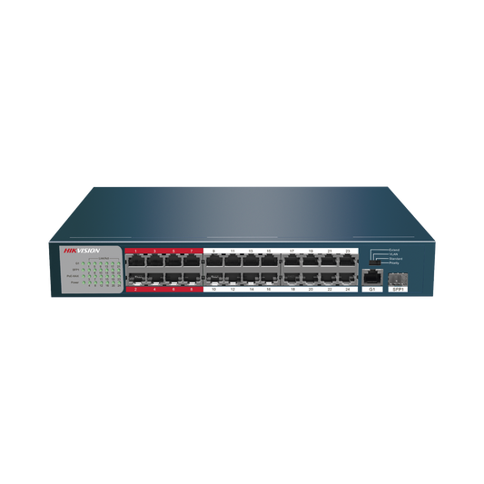 DS-3E0326P-E/M(B) Switch PoE+ / No Administrable / 24 Puertos 100 Mbps PoE+ / 1 Puerto 1000 Mbps + 1 Puerto SFP Uplink / PoE hasta 250 Metros / 230 Watts