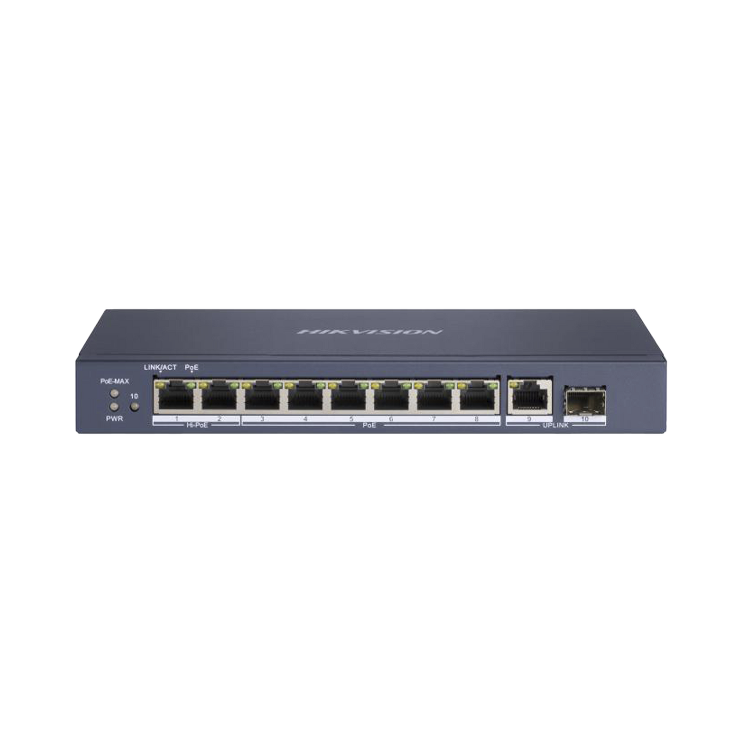 DS-3E0510HP-E - Switch PoE+ / No Administrable / 7 Puertos 1000 Mbps 802.3 af/at (30 W) / 2 Puertos 1000 Mbps Hi-PoE (90 W) / 1 Puertos 1000 Mbps Uplink / 1 Puerto SFP / Modo Extendido hasta 300 Metros / 110 Watts