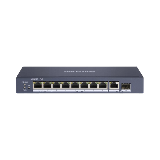 DS-3E0510HP-E - Switch PoE+ / No Administrable / 7 Puertos 1000 Mbps 802.3 af/at (30 W) / 2 Puertos 1000 Mbps Hi-PoE (90 W) / 1 Puertos 1000 Mbps Uplink / 1 Puerto SFP / Modo Extendido hasta 300 Metros / 110 Watts