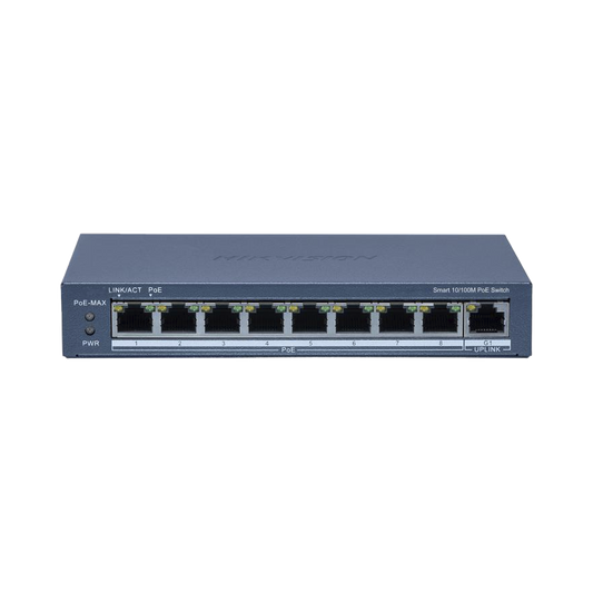 DS-3E1309P-EI Switch Monitoreable PoE+ / 8 Puertos 10/100 Mbps PoE+ / 1 Puerto 1000 Mbps de Uplink / Configuración Nube Hik-PartnerPro / Modo Extendido hasta 300 Metros / 110 W